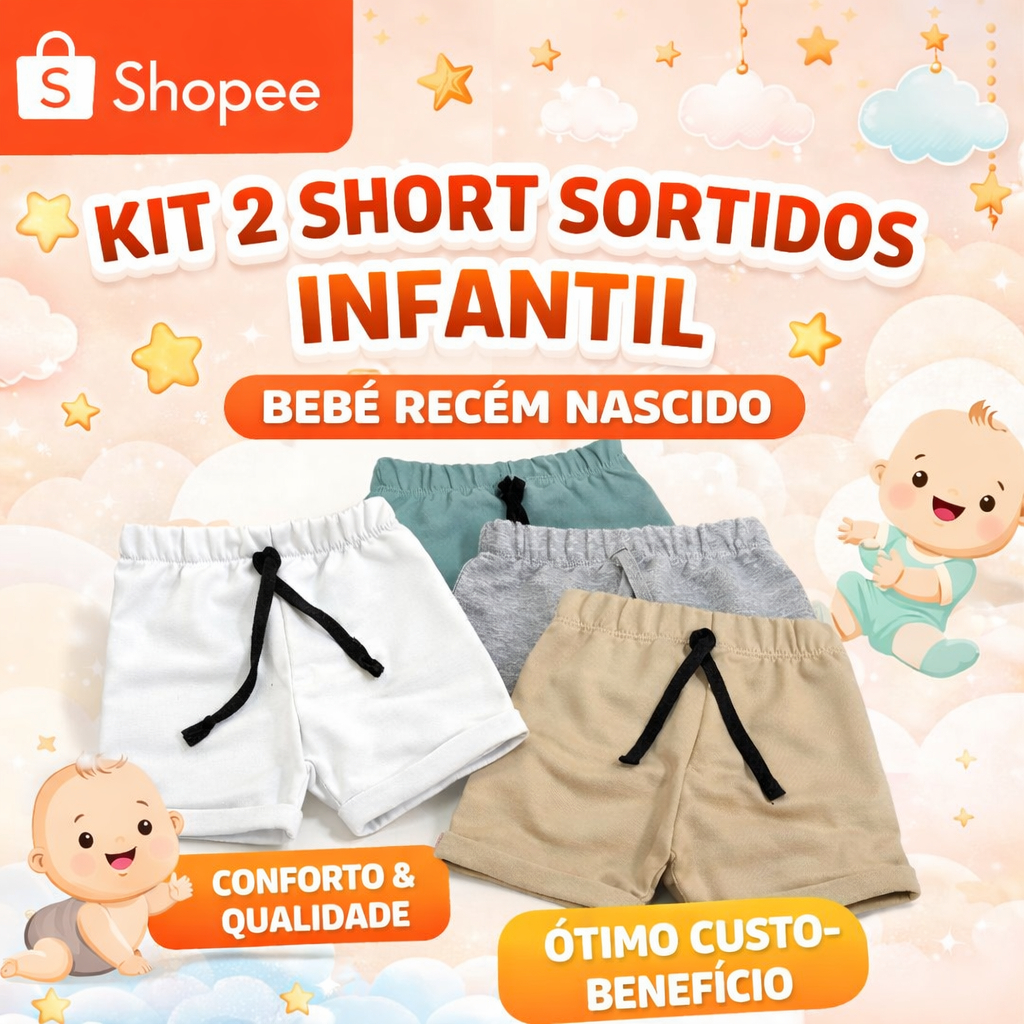 Kit 2 Short Sortidos Infantil Bebê Recém Nascido de Alta Qualidade Em Moletinho 100% Algodão