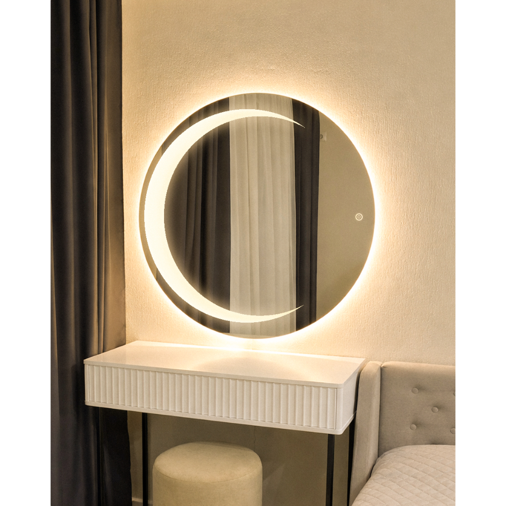 Espelho Redondo 60/70/80cm Meia Lua c/ LED Quente e Frio Jateado Decorativo Moderno Estilo Pinterest