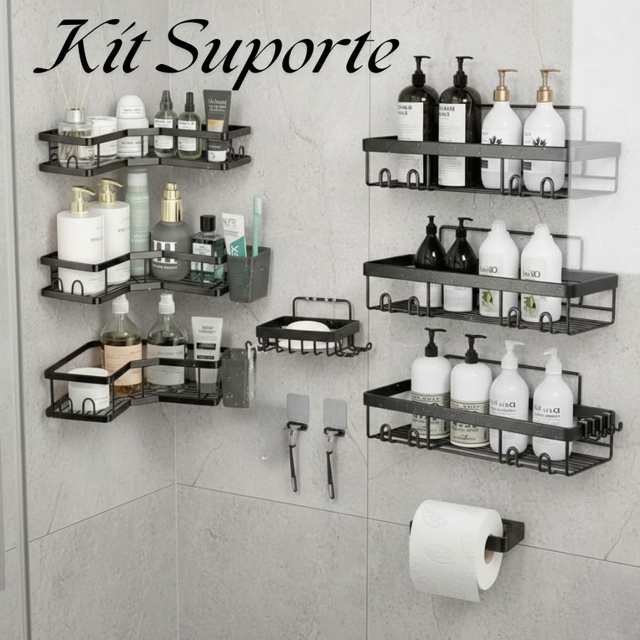 Kit Suporte para Shampoo, Sabonete e Papel Higiênico com Prateleiras para Banheiro sem Furo em Oferta na Shopee
