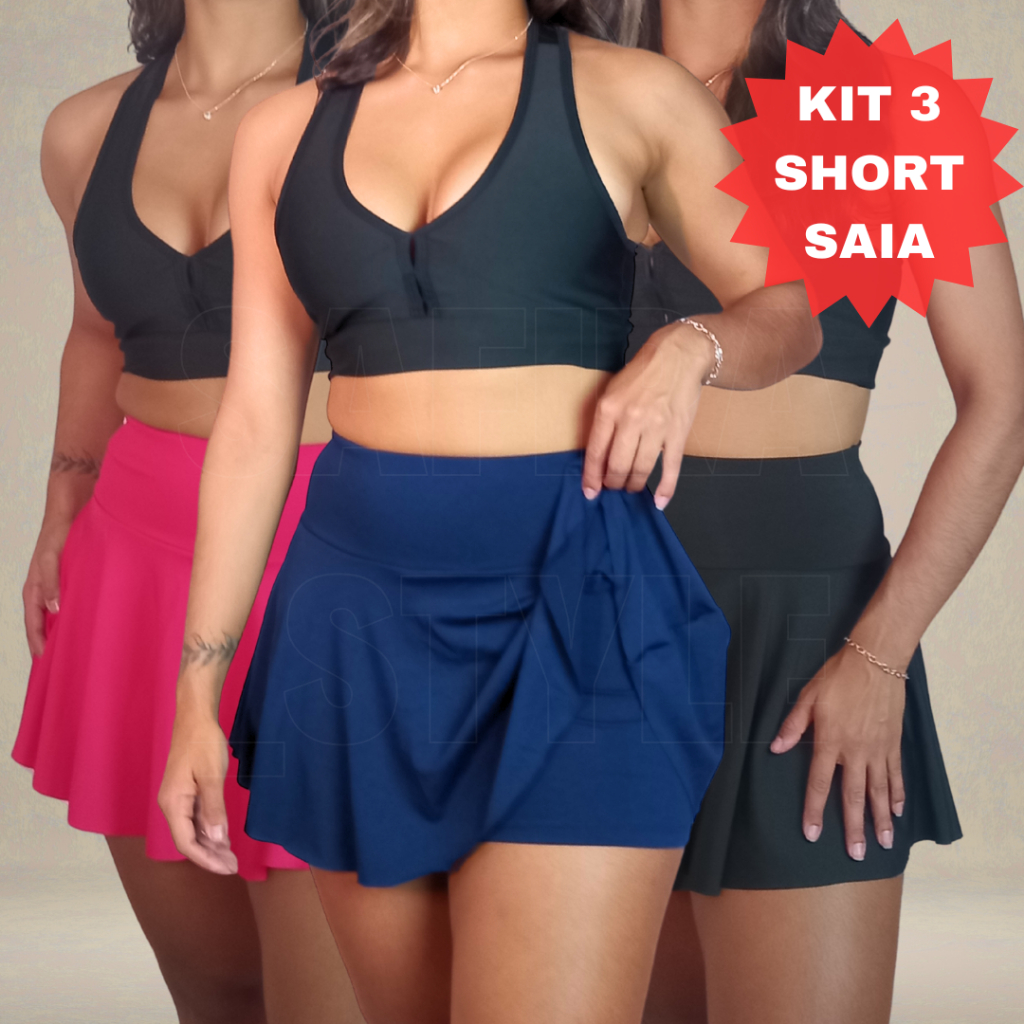 Kit 3 Short Saia Feminino Fitness de Academia Cintura Alta Cós Alto Tapa Bumbum Zero Transparencia em Oferta na Shopee