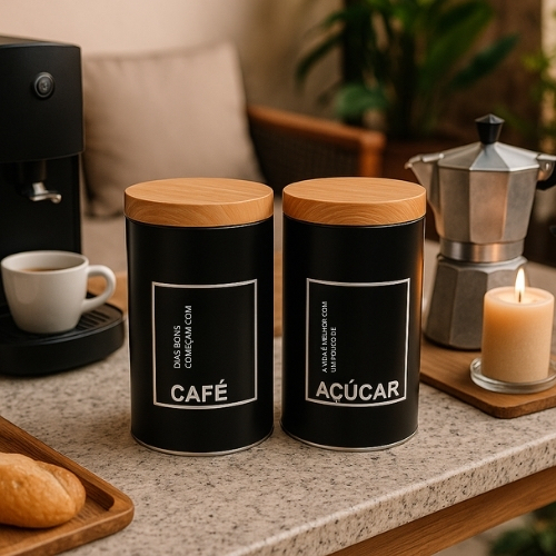 Kit Porta Condimentos Café Açúcar Lata Organizador Cozinha Tampa Madeira Decoração Moderna Pote