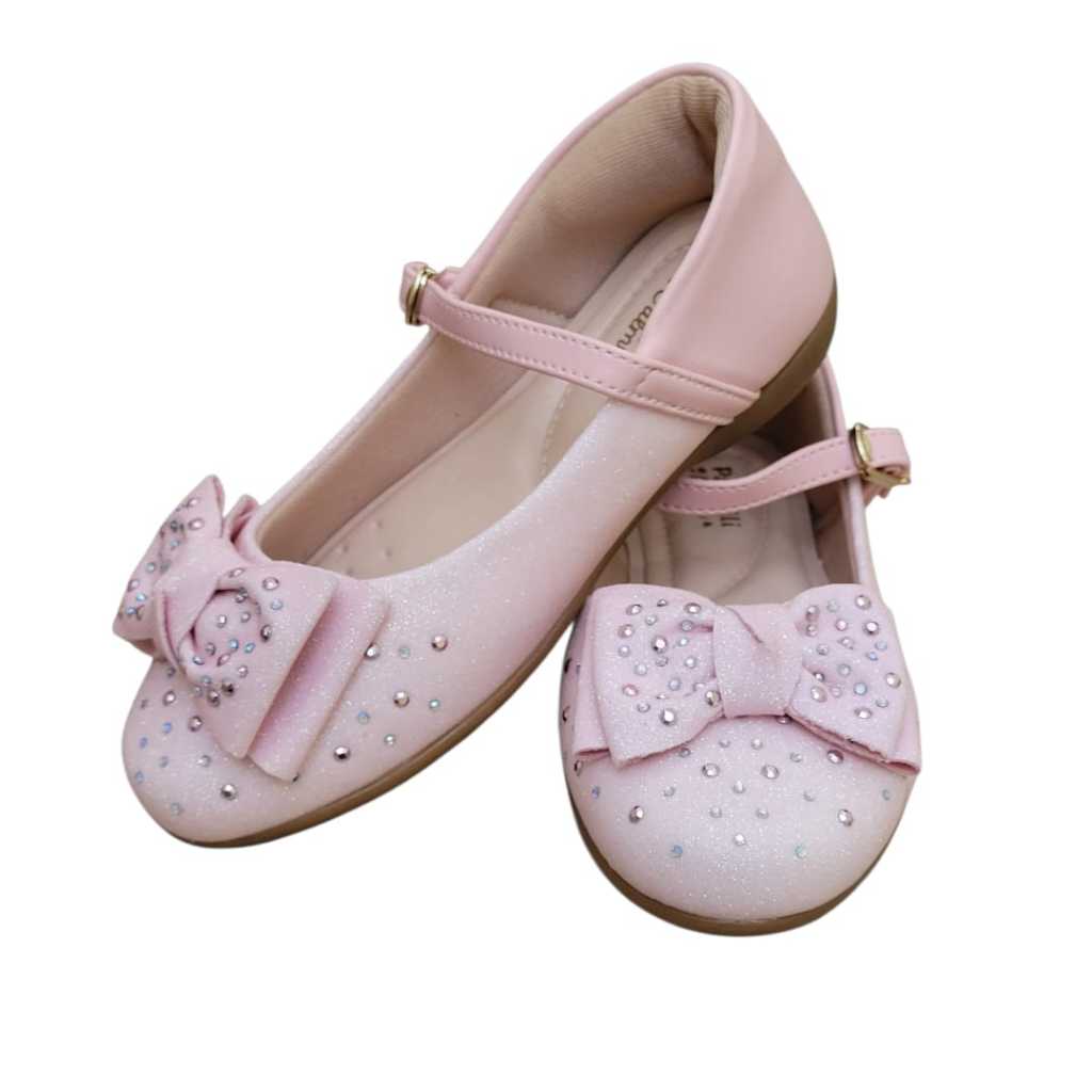 SAPATILHA INFANTIL PAMPILI ROSA COM GLITTER, LAÇO E STRASS