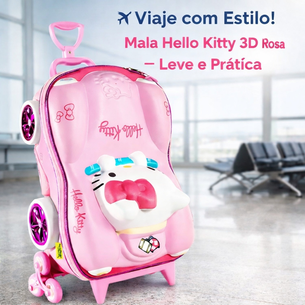 Mala Infantil Hello Kitty 3D com Rodinhas Rosa | Viagem e Escola. Mochila de Rodinha para menina.