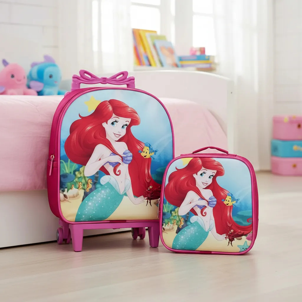 Kit Escolar Mochila Lancheira Carrinho Princesa Ariel Sereia Menina Baby Rosa