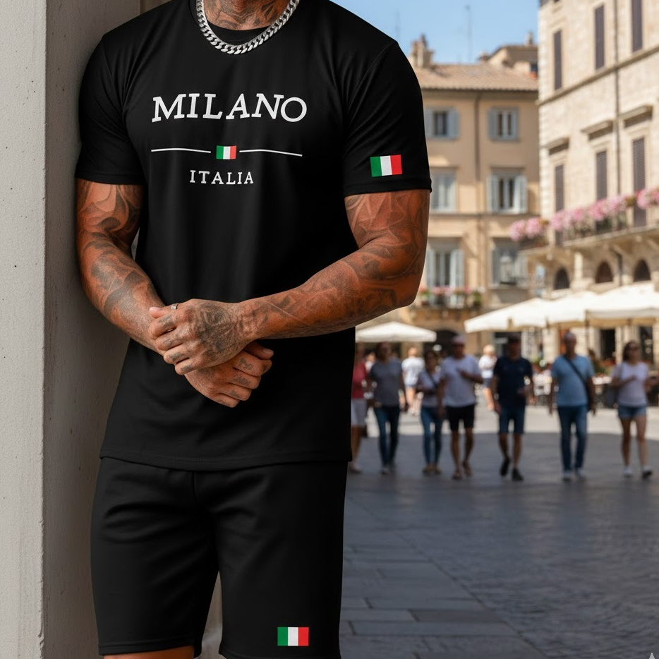 Conjunto Camiseta + Short Moletinho Estampado Milano Itália Street Camiseta Malha Linha Premium