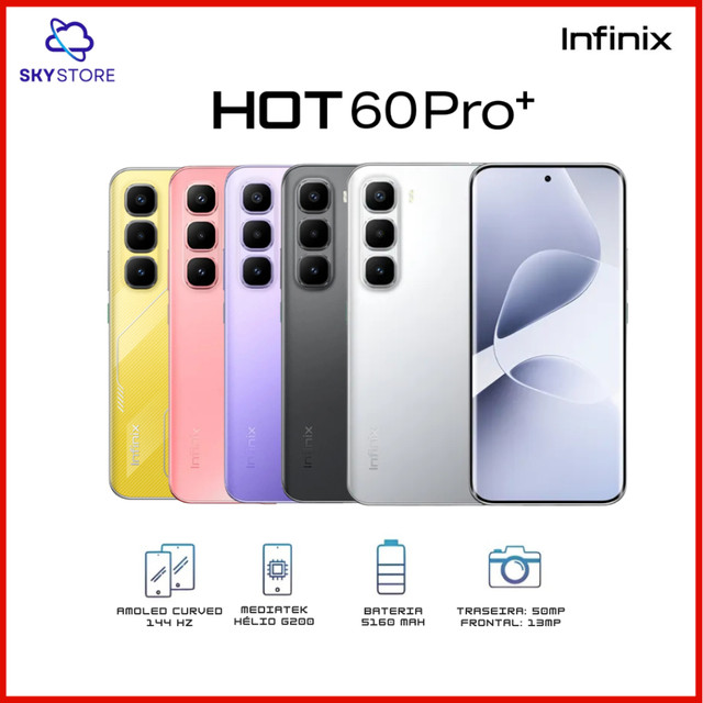 Infinix Hot 60 Pro+ 4G Tela curva 256GB+8GB RAM, Processador MediaTek Helio G200, Câmera 50MP, Versão Global