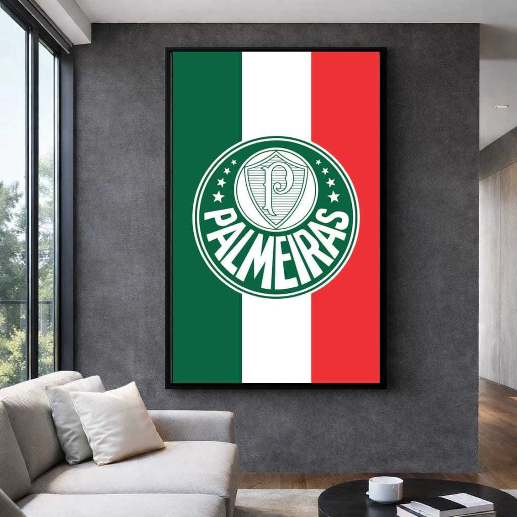 Quadro Decorativo Palmeiras Escudo com Faixa Verde Branca e Vermelha Arte Esportiva