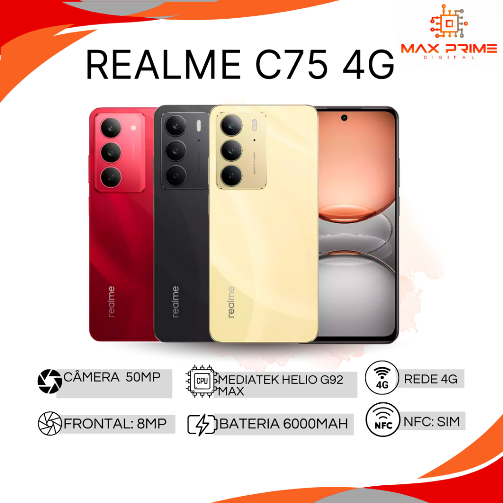 Realme C75 4G, Armazenamento 256GB/8GB RAM, Processador MediaTek Helio G92 Max, Câmera 50MP, Bateria Massiva de 6000mAh em Oferta na Shopee