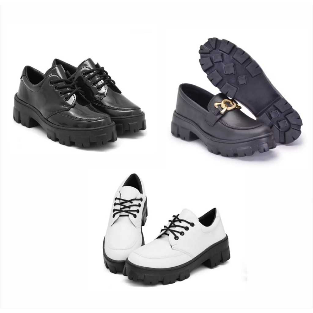 Mocassim feminino preto com cadarço+ mocassim feminino branco com cadarço+ mocassim feminino preto e dourado