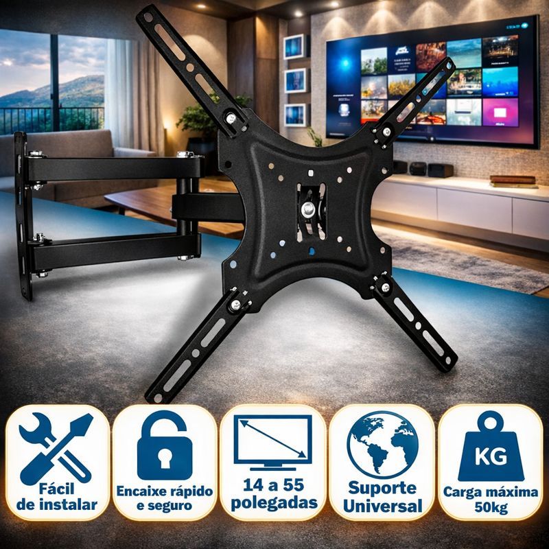 Suporte TV Articulado 14" a 55" Reforçado – Ajuste de Ângulo, Fácil Instalação, Com Parafusos em Oferta na Shopee