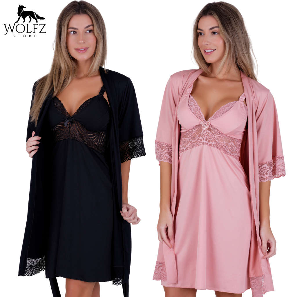 Kit 4 Peças Maternidade: 2 Camisolas Amamentação + 2 Robes Hobby Microfibra Luxo em Oferta na Shopee