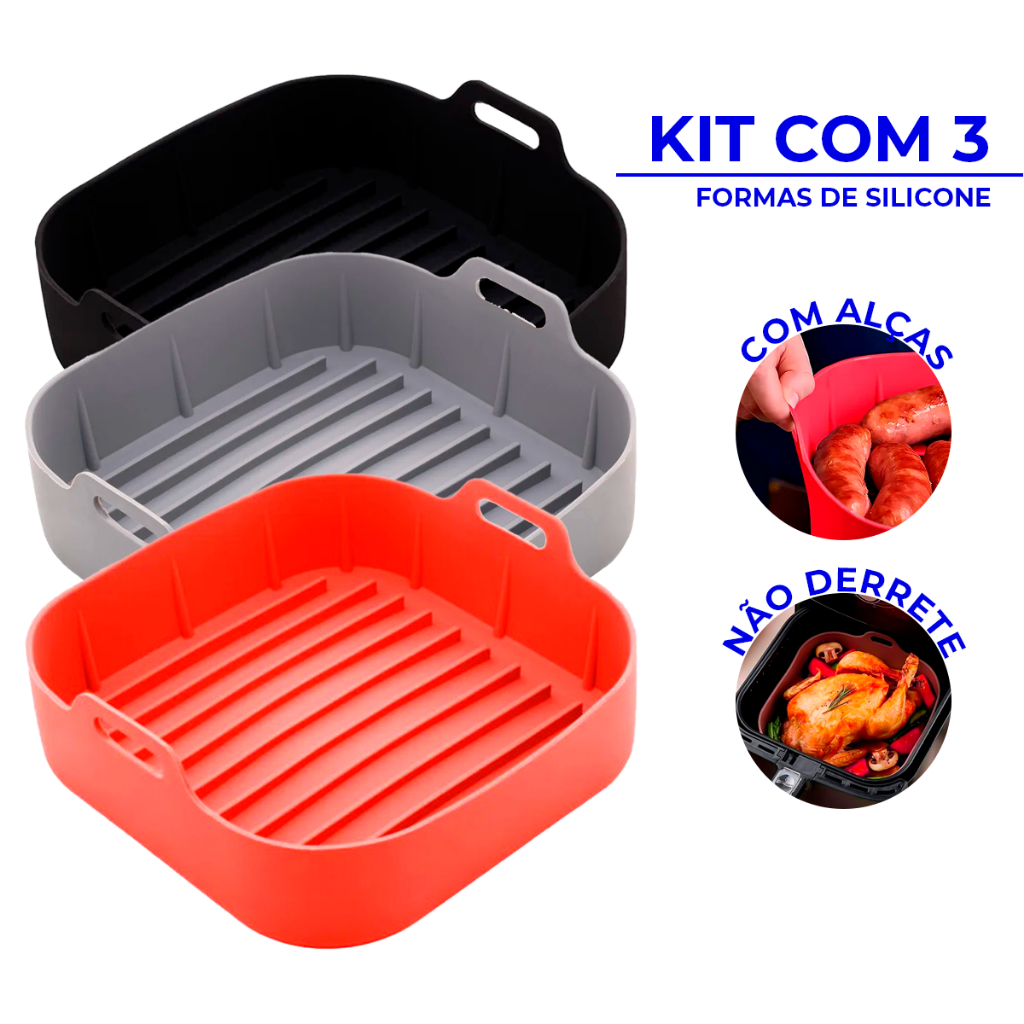 Kit 3 Formas De Silicone Quadrada Air fryer Antiaderente Cesto Silicone Fritadeira Elétric...