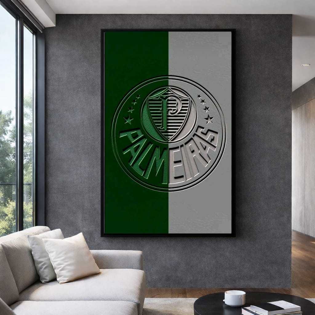 Quadro Decorativo Palmeiras Escudo Verde e Cinza  Arte Esportiva Moderna
