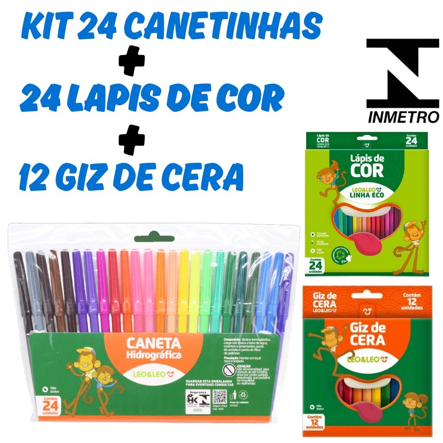 Conjunto Giz De Cera 12 Cores Canetinha 24 cores E Lápis De Cor 24 Cores Escolar Infantil Pintura em Oferta na Shopee