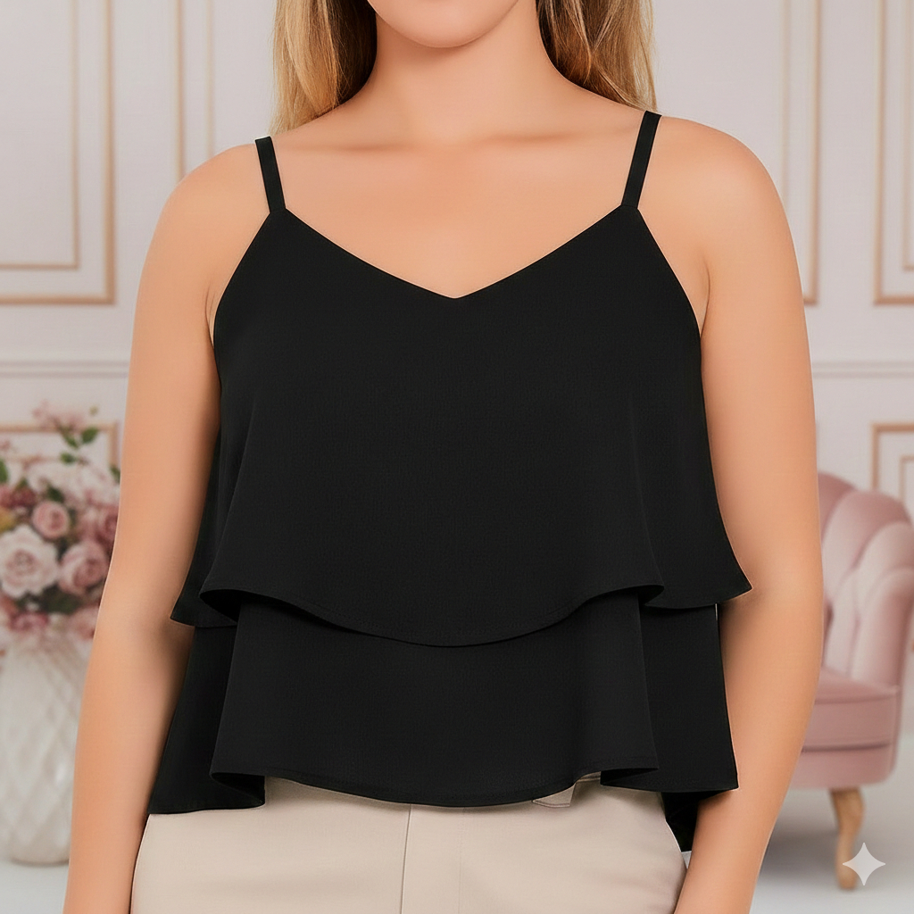 Blusa Regata Feminina Alça Regulável 2 Babados Gola V Tecido Crepe Duna Blusinha feminina Alcinha Gola V Tecido Duna em Oferta na Shopee