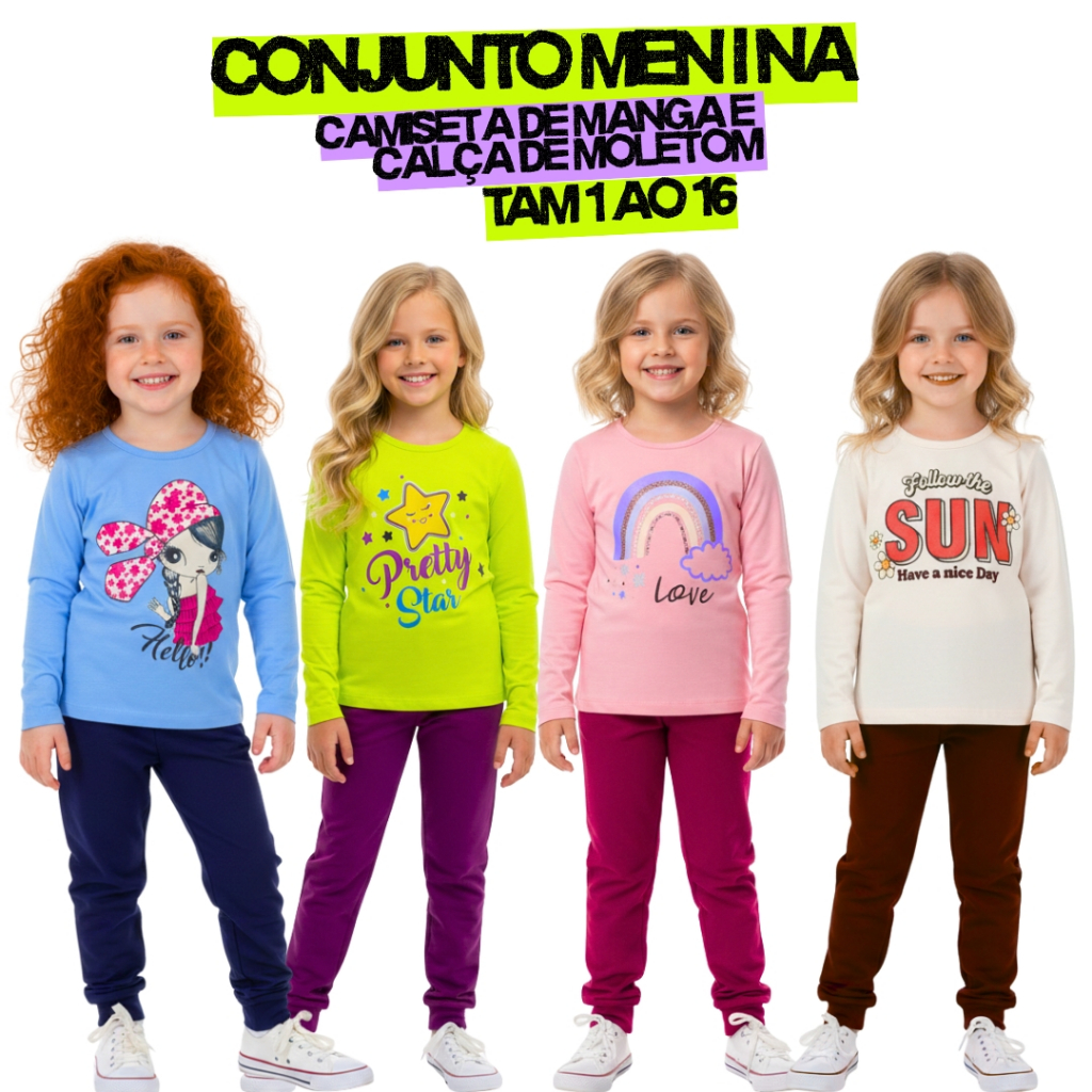 Conjunto Infantil Feminino Inverno| Roupa Menina| Calça Moletom Flanelada Blusa Manga Longa 1 ao 16