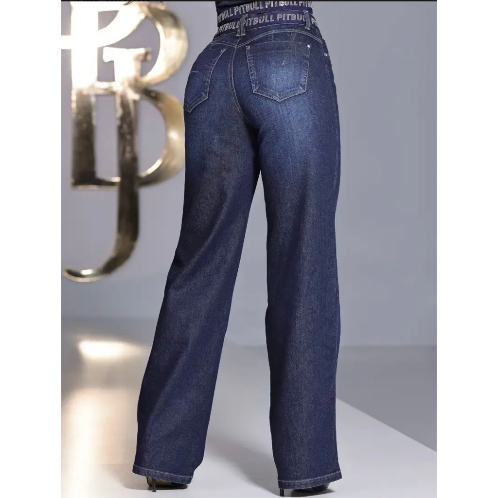 Calça Wide Leg cós strass logomania Pit Bull Jeans Pitbull 86888 Original
