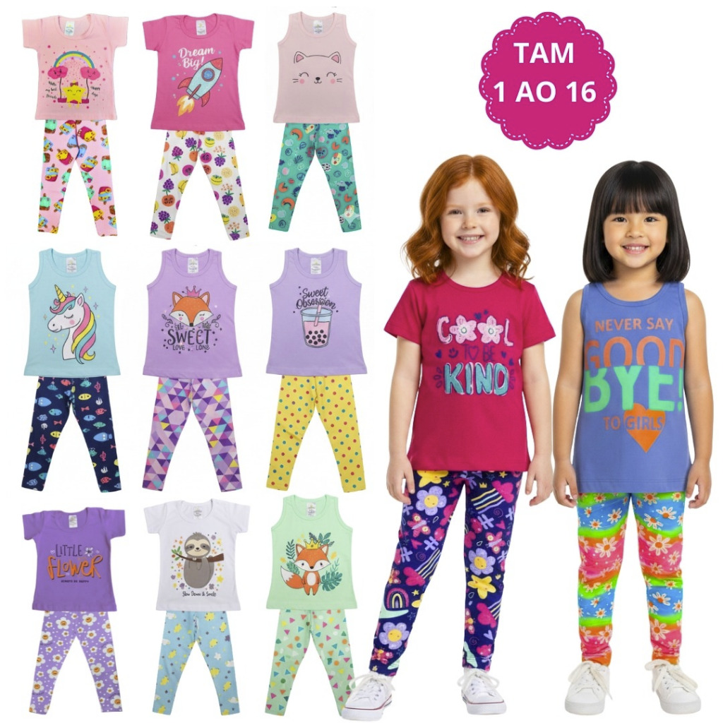 Kit 6 Peças Juvenil Conjunto Menina Infantil| 3 Calça Legging 3 Camiseta Manga Curta Verão 1 ao 16
