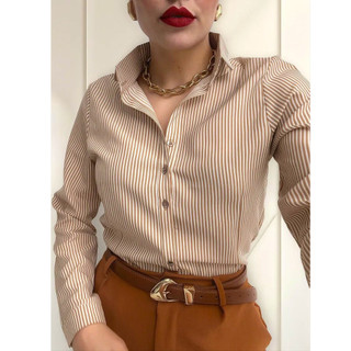 Camisa Listrada PLUS G1-G3 Social Feminina Manga Longa Estiloso Elegante Casual Risca Giz importados roupas