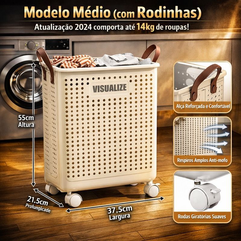 Cesto de Roupa moderno com Rodinhas e Alças cinza em Couro  – Ventilado, Dobrável e Super Prático M