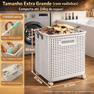 Cesto de Roupa moderno com Rodinhas e Alças cinza em Couro  – Ventilado, Dobrável e Super Prático XG em Oferta na Shopee