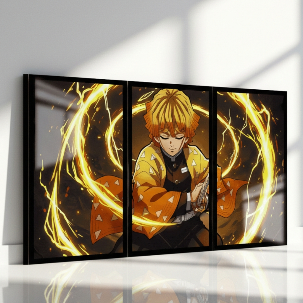 Kit 3 Quadros Parede Decorativo Demon Slayer Zenitsu Agatsuma Quarto Sala Luxo