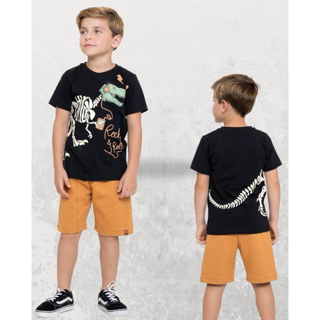 Conjunto Infantil Masculino, Camiseta Estampada Dinossauro + Bermuda de Moletom