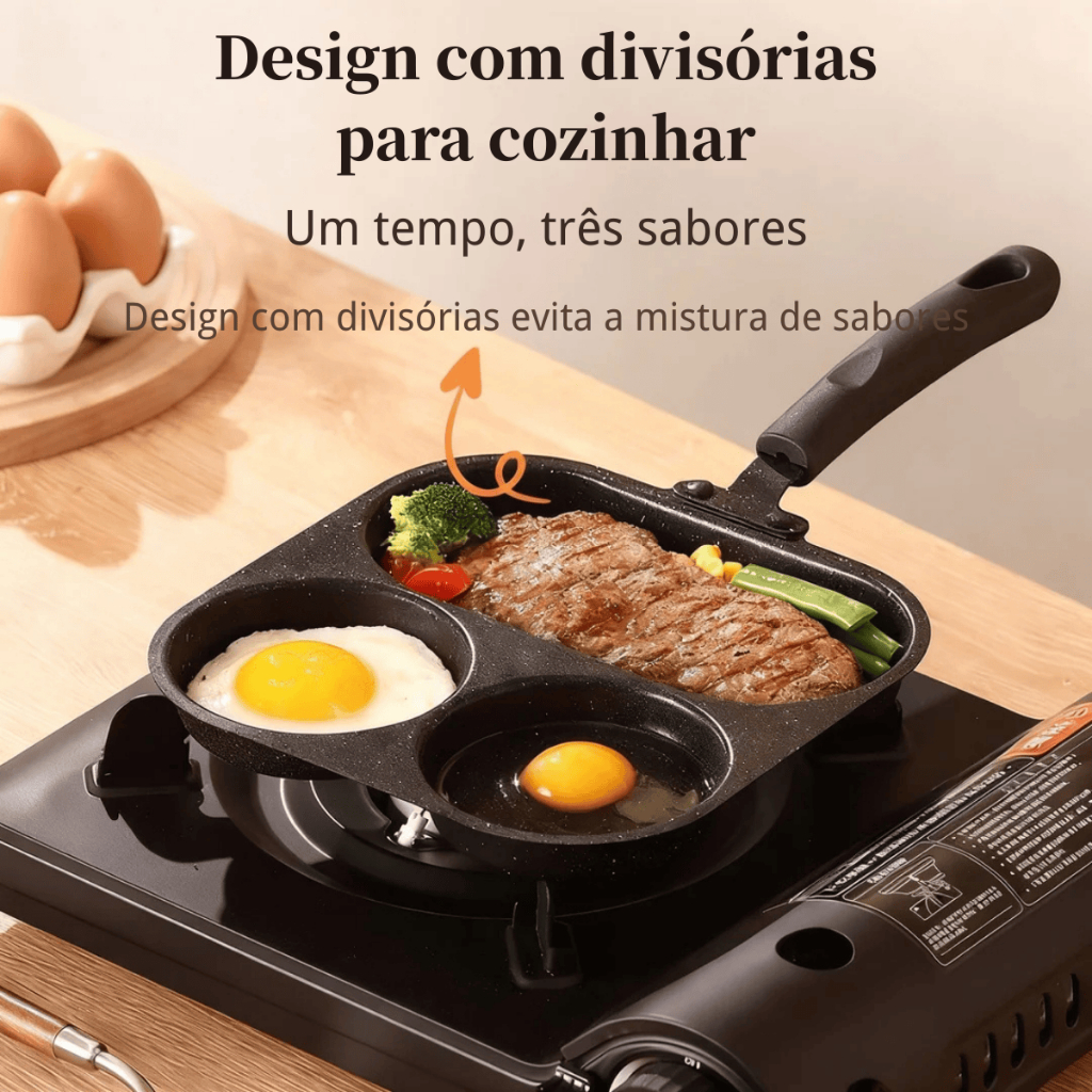 frigideira 3 em 1 multifuncional antiaderente com divisórias para ovos hambúrguer e bife