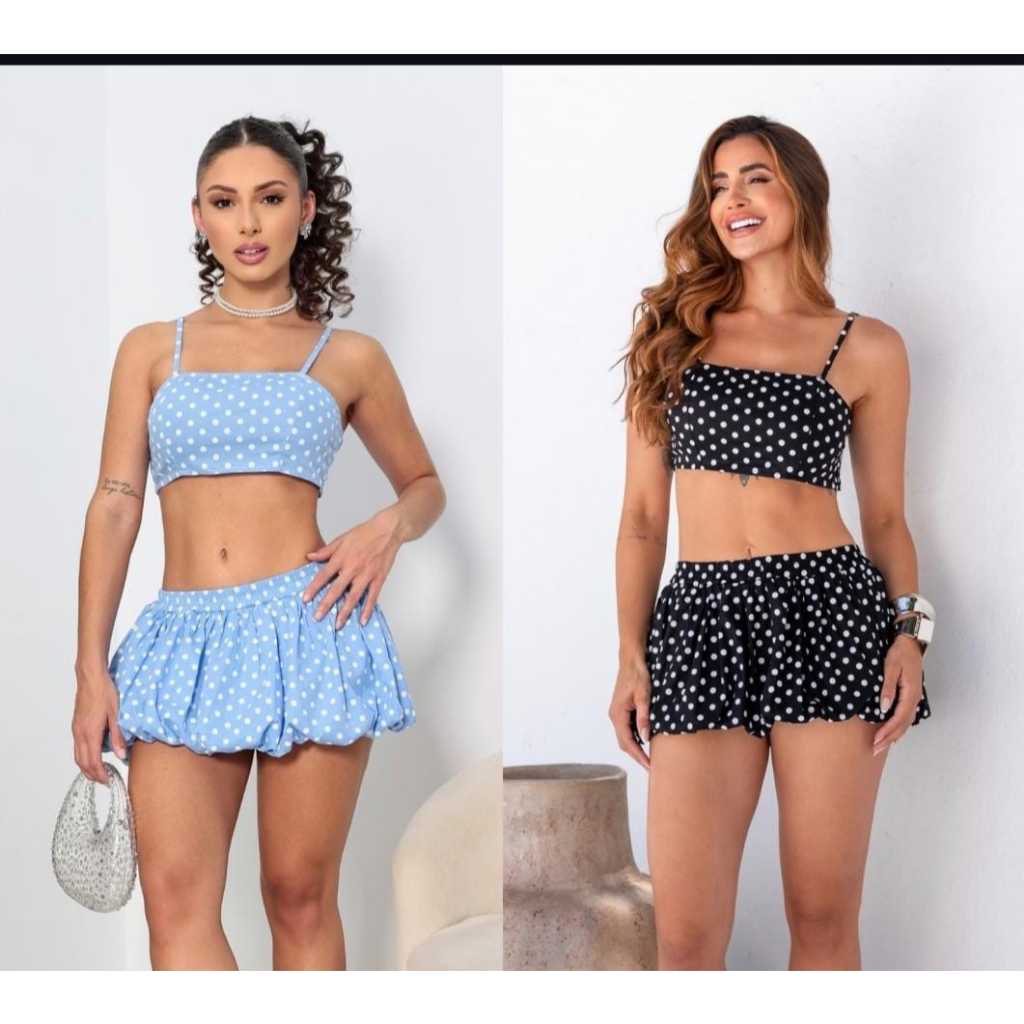 Conjunto Feminino Cropped Elástico Nas Costas E Short Saia Balonê Poá Moda Carnaval Bloquinho Rua Festa Balada Camarote