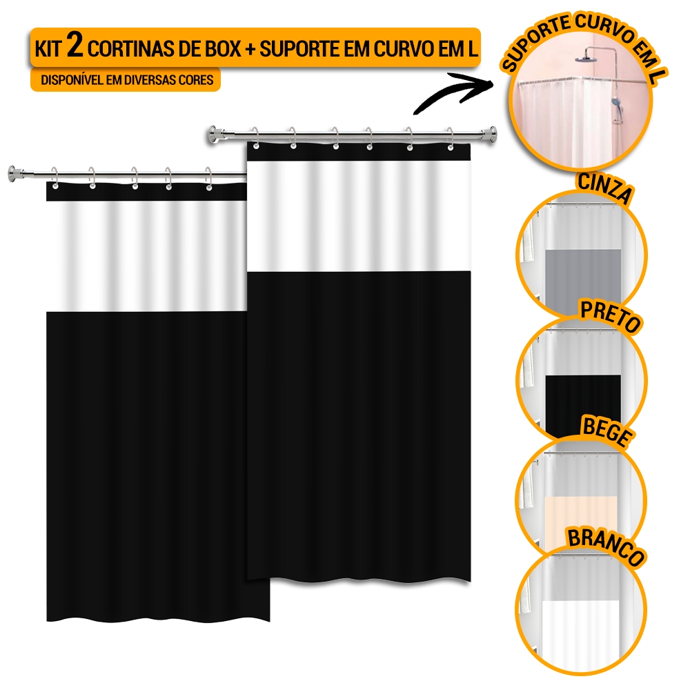 Kit 2 Cortinas de Box Banheiro + Suporte Varão Bastão em L Curvo + Kit Instalação Diversos Tamanhos