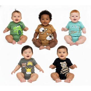 Kit 5 Body manga curta bebe verão estampadas para menino menina em Oferta na Shopee