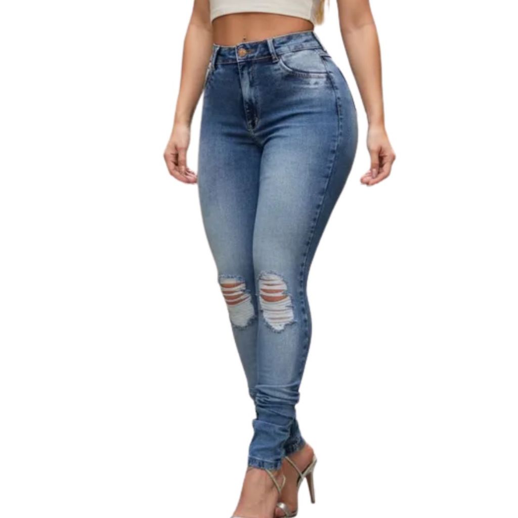 Calça Feminina Jeans Skinny Cintura Alta Super Lycra com Rasgo no Joelho Empina Bumbum em Oferta na Shopee