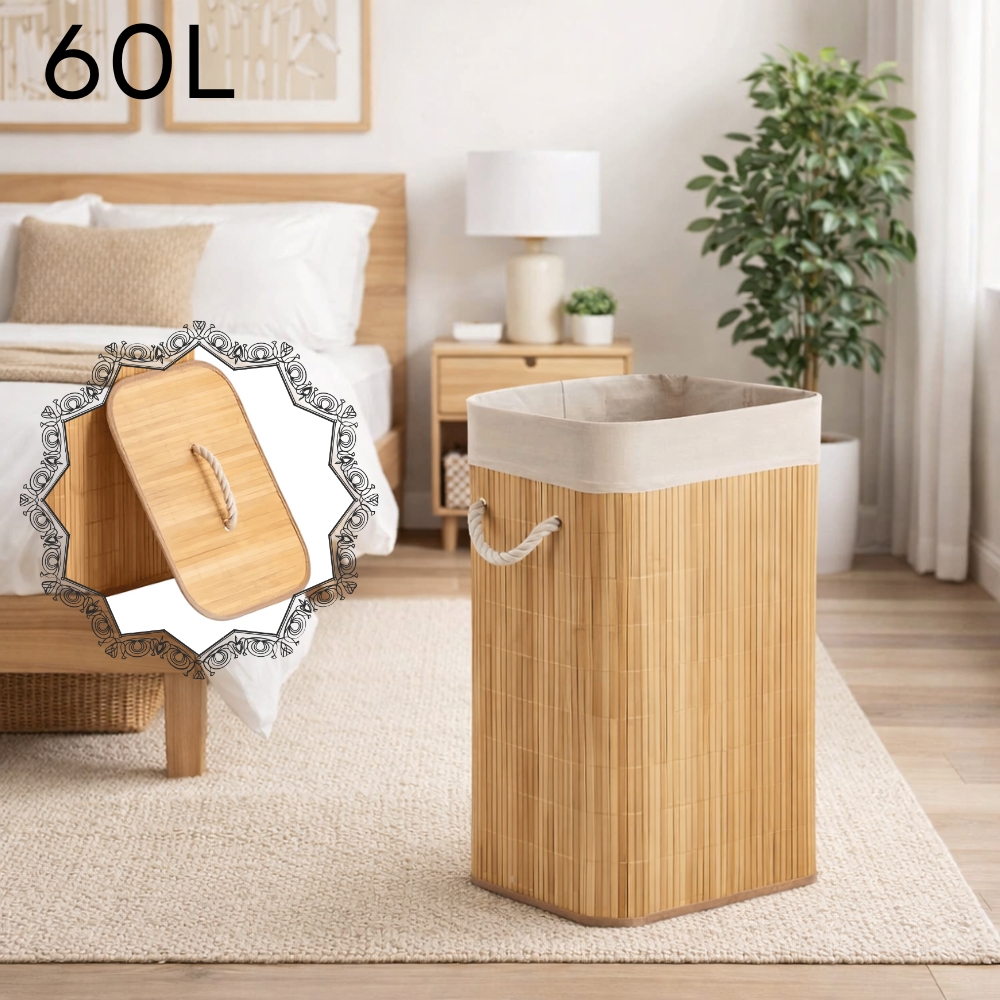 Cesto de Roupas Sujas Retangular de Bambu com Forro Grande para Banheiro ou Lavanderia