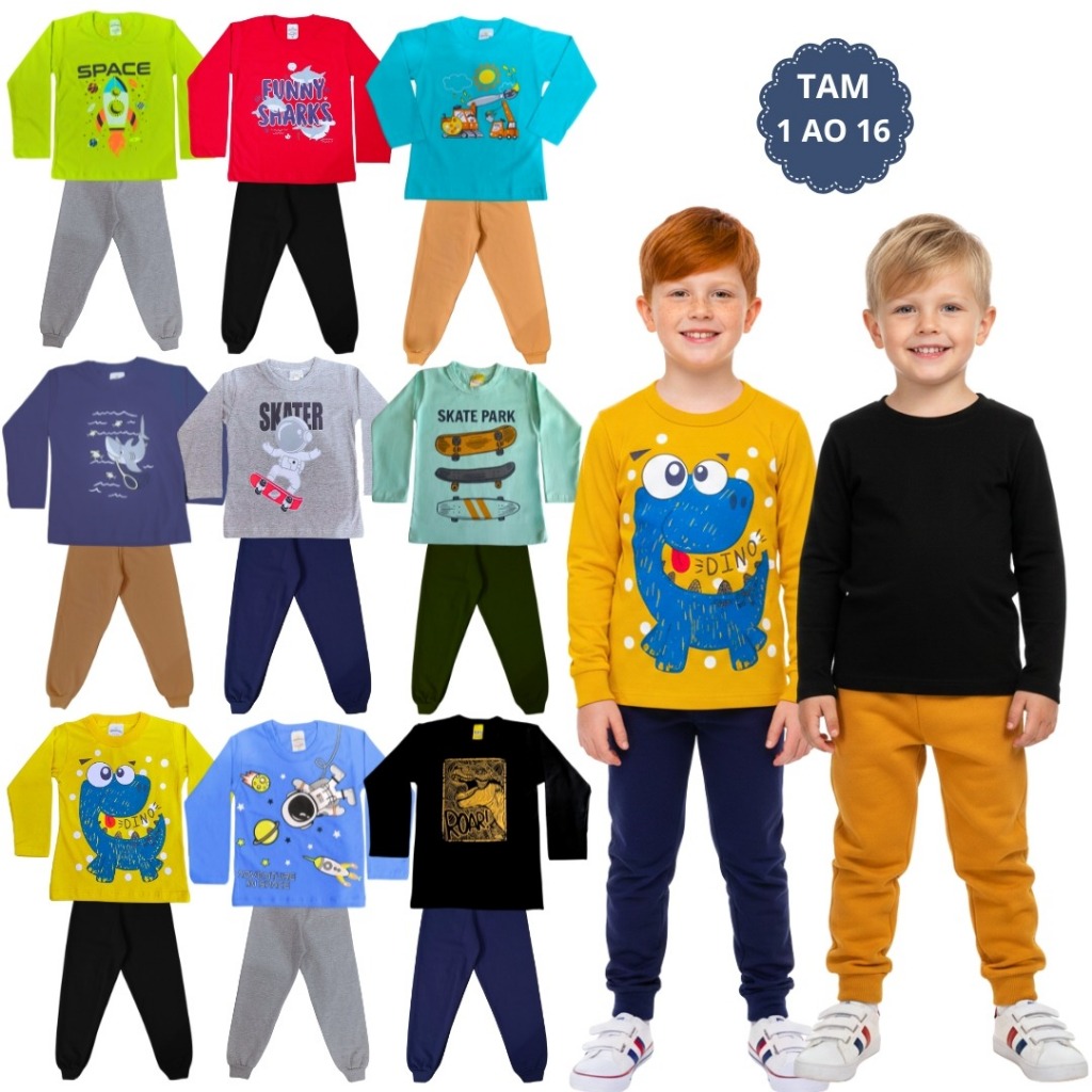 Kit 4 Peças Camiseta Manga Longa e Calça Moletom Conjunto Infantil Menino 1 ao 16 em Oferta na Shopee