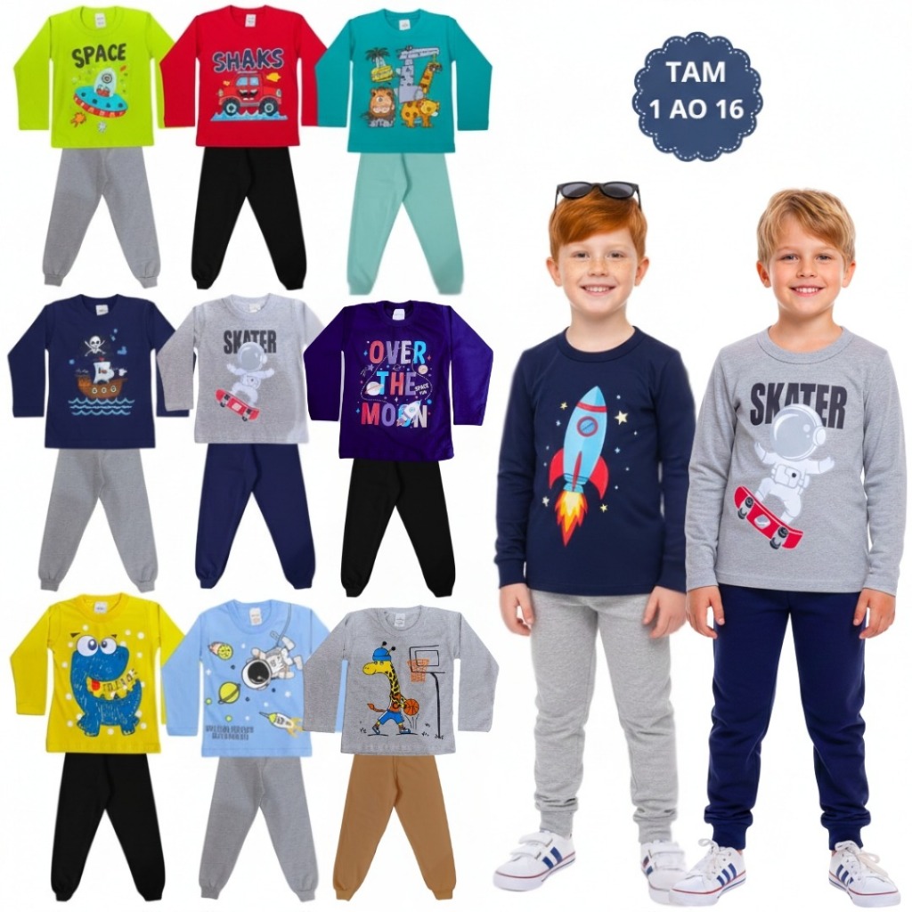 Kit 8 Peças Roupa Infantil Masculino 4 Conjuntos Menino 4 Camiseta e 4 Calça de Moletom 1 ao 16