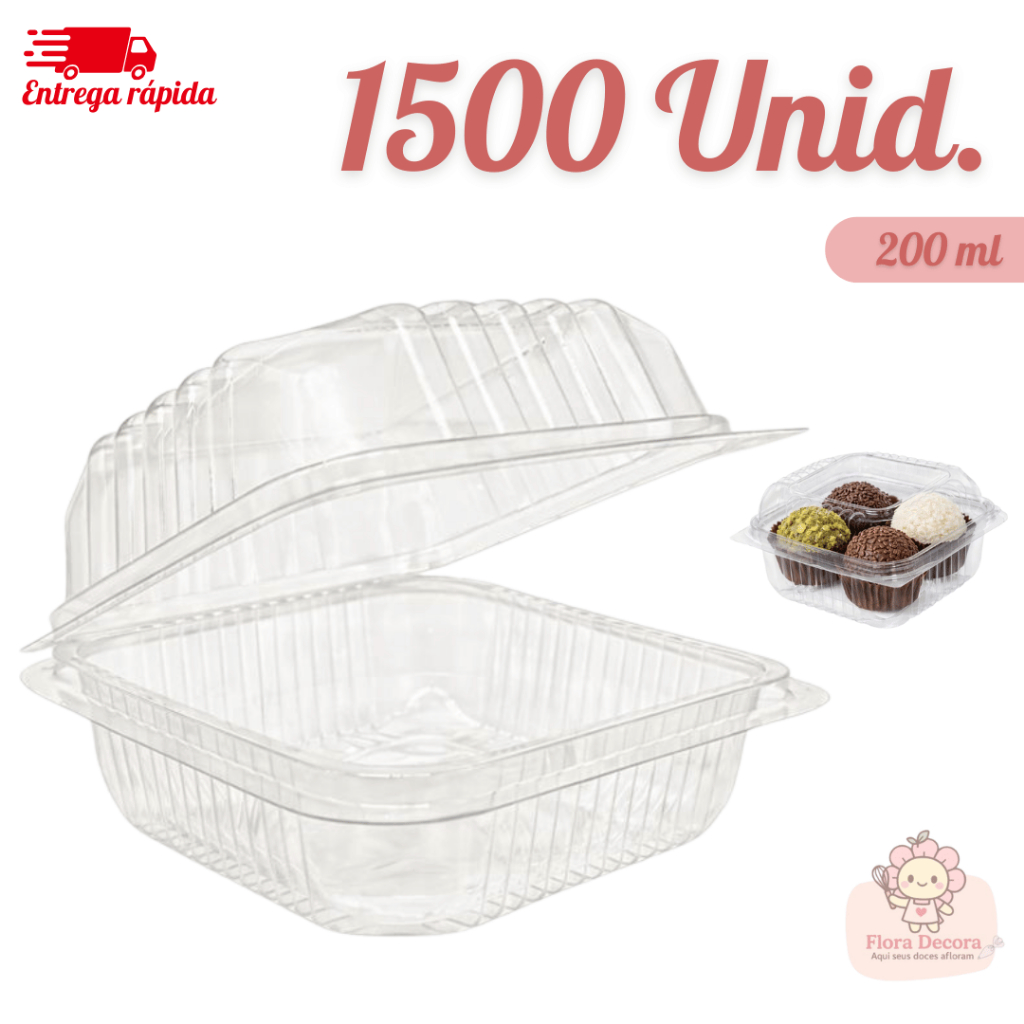 Kit 1500 Embalagem Quadrada com Tampa para Bolo e Sobremesa 200ml