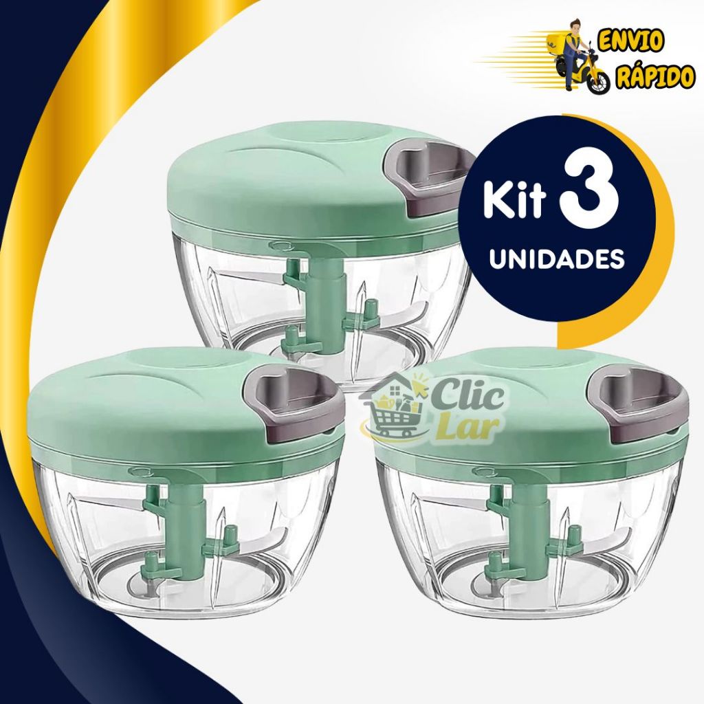 Kit 3 Processador Manual 500ml 3 Lâminas Triturador Alimentos Alho Legumes Multiuso