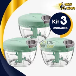 Kit 3 Processador Manual 500ml 3 Lâminas Triturador Alimentos Alho Legumes Multiuso