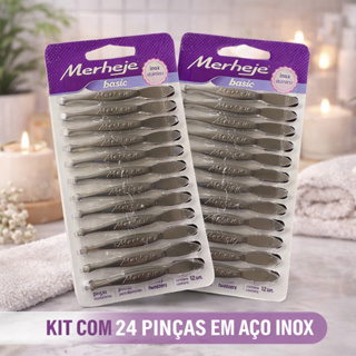 Kit 12/24 Pinça Básica Original Merheje Aço Inox Ponta Reta Profissional para Sobrancelha Depilação Uso pessoal Higiene em Oferta na Shopee