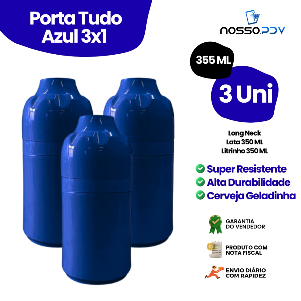 Kit 3 Porta Tudo 3x1 Para Cerveja Long Neck Litrinho Lata 355 ML Cor Azul Parede Dupla Alta Qualidade Envio Rápido