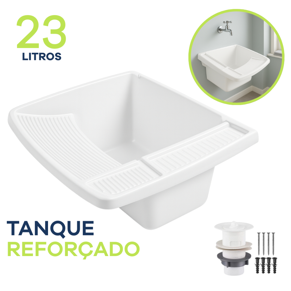Tanque Plástico 23 Litros 43X55cm Lavanderia Branco c/ Válvula + Kit Instalação Lavar Roupas