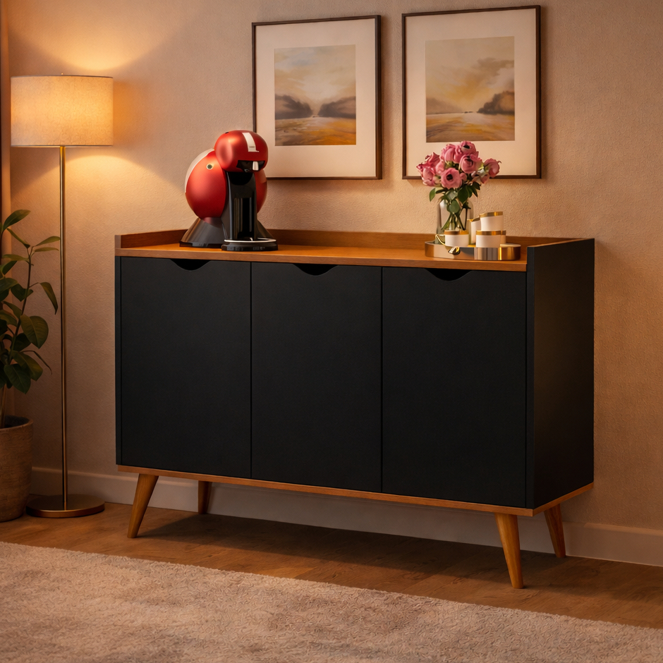 QUEIMA DE ESTOQUE Aparador Buffet 3 Portas Cava 4400 Casteli Pés Palito - Cor Preto em Oferta na Shopee