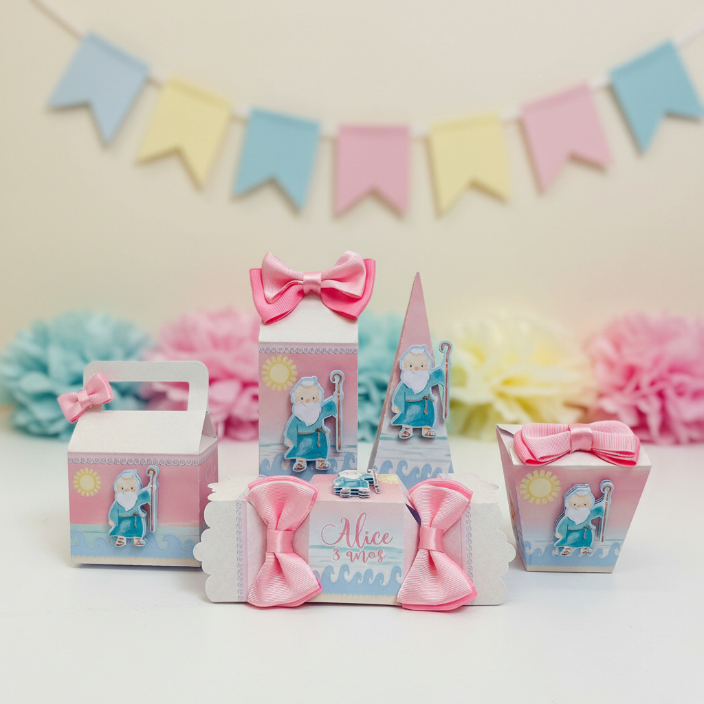 Kit Festa Arca de Noé Menina-Lembrancinhas Personalizadas Festa Infantil- Caixinhas festa menina-Pegue e Monte