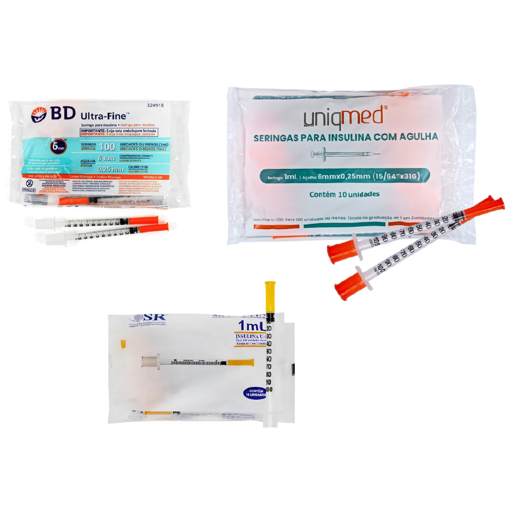 Pacote c/10 unidade Seringa BD Ultrafine, Uniqmed ou SR 1mL (100UI)  Ag 8x0,3mm