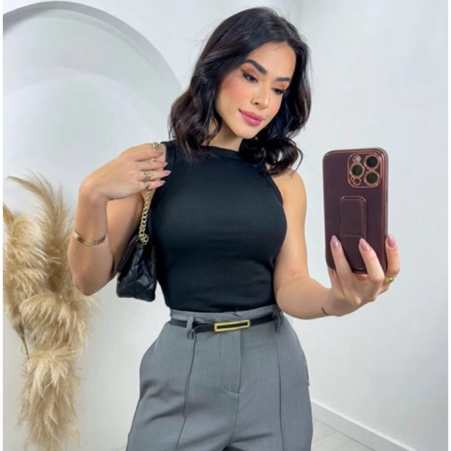 Regata FEMININO GOLA ALTA CANELADO PREMIUM | REGATA CAVADA HALTER NECK MODA BLOGUEIRA BÁSICO CHIC