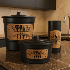 Kit Pia Cozinha 3 Peças Premium – Lixeira Porta Sabão e Porta Detergente