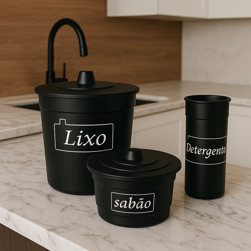 Kit Pia Cozinha 3 Peças Premium – Lixeira Porta Sabão e Porta Detergente — imagem 2 de 2