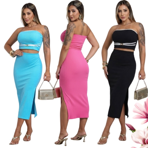 Conjunto Feminino Elegante Top Tomara Que Caia + Saia Com Fenda Lateral Tecido Canelado Anarruga em Oferta na Shopee