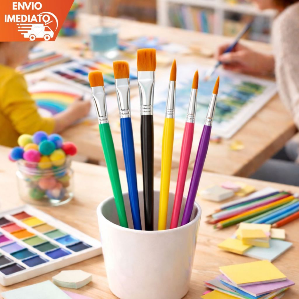 Kit 6 Pincéis Coloridos para Pintura Escolar Artesanato