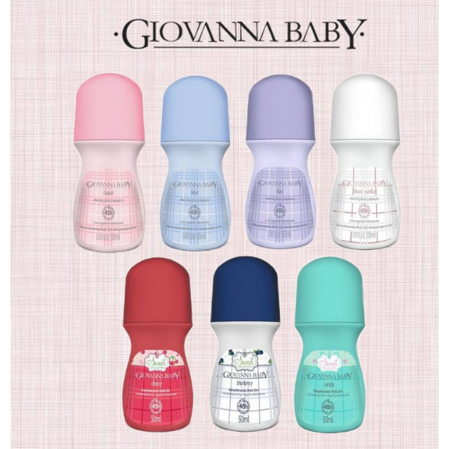 Kit 4 Desodorantes Roll-On Giovanna Baby: 1 Lilac 50mL, 1 Candy 50 mL, 1 Fantasy 50 mL e 1 Classic 50ml.